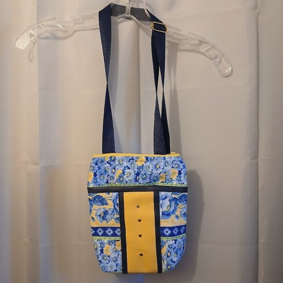 New Pleather trim Roses Crossbody Bag Purse Blue Yellow Zip Sling Travel bag - Picture 1 of 12